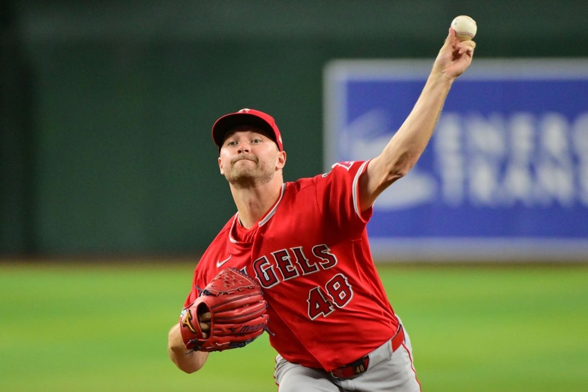 Jun 16, 2026; Phoenix, Arizona, USA; Los Angeles Angels pitcher Reid Detmers (48) throws in the first inning against the Arizona Diamondbacks at Chase Field. Mandatory Credit: Matt Kartozian-Imagn Images