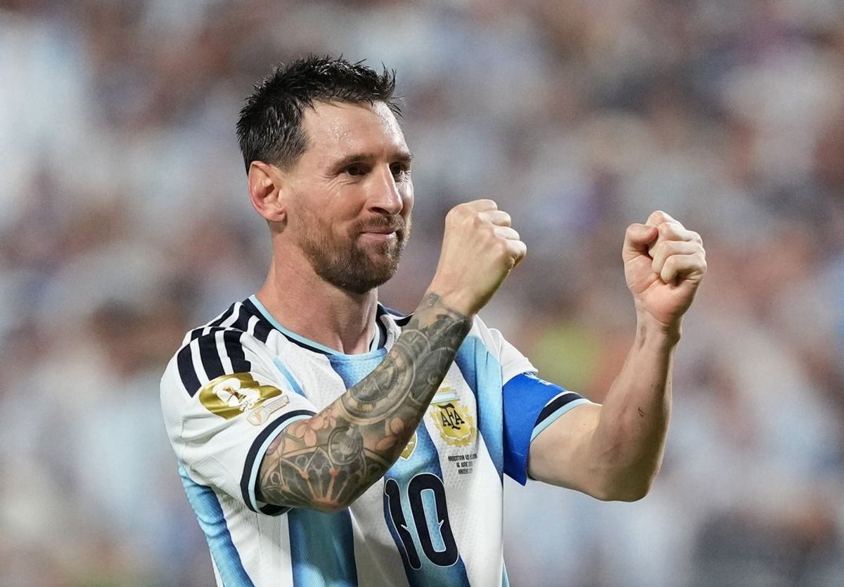 June 16, 2026; Kansas City, Missouri, U.S.; Argentina's Lionel Messi celebrates scoring their third goal to complete a hat-trick.  Mandatory Credit: Jay Biggerstaff-Imagn Images
