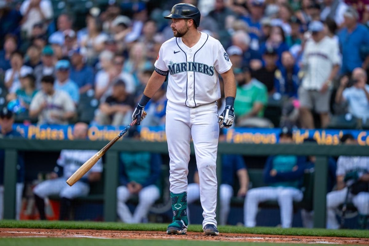 Jun 16, 2026; Seattle, Washington, USA;  Seattle Mariners catcher Cal Raleigh (29) steps into the batter's box during the first inning against the Baltimore Orioles at T-Mobile Park. Mandatory Credit: Stephen Brashear-Imagn Images
