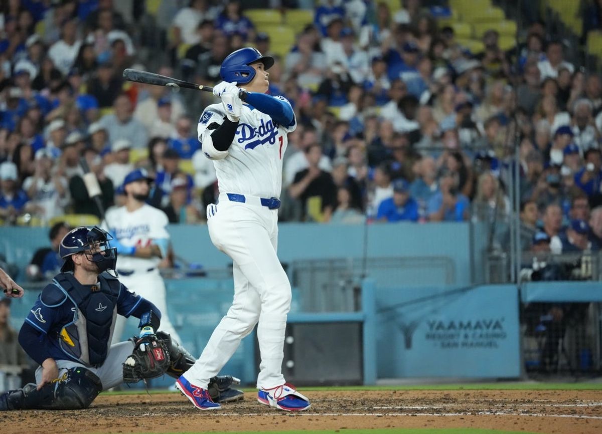 Jun 16, 2026; Los Angeles, California, USA; Los Angeles Dodgers designated hitter Shohei Ohtani (17) reacts after hitting a home run during the sixth inning against the Tampa Bay Rays at Dodger Stadium. Mandatory Credit: Kirby Lee-Imagn Images