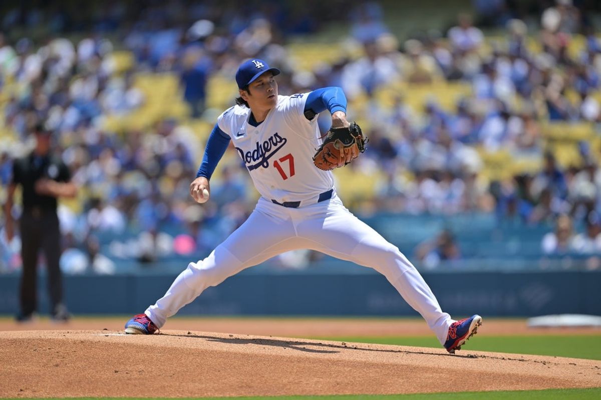 Jun 17, 2026; Los Angeles, California, USA; Los Angeles Dodgers starting pitcher Shohei Ohtani (17) throws during the first inning against the Tampa Bay Rays at Dodger Stadium. Mandatory Credit: Jayne Kamin-Oncea-Imagn Images