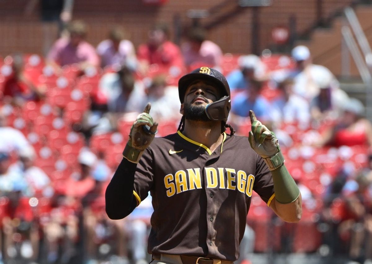 Jun 17, 2026; St. Louis, Missouri, USA; San Diego Padres third baseman Manny Machado (13) reacts after he doubled to center field against the St. Louis Cardinals in the fifth inning at Busch Stadium. Mandatory Credit: Tim Vizer-Imagn Images