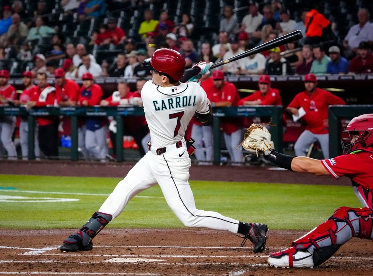 Diamondbacks outfielder Corbin Carroll (7) hits a grand-slam against the Angels during a game at Chase Field in Phoenix, Ariz. on June 17, 2026.
