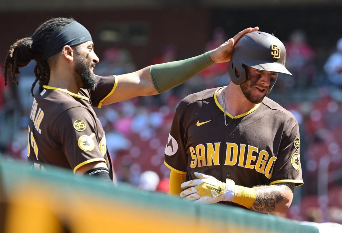 17 de junho de 2026; Louis, Missouri, EUA; O defensor direito do San Diego Padres, Fernando Tatis Jr. (23, à esquerda), parabeniza o defensor central do San Diego Padres, Jackson Merrill (3), no banco de reservas depois que Merrill fez um home run na nona entrada contra o St. Crédito obrigatório: Imagens de Tim Vizer-Imagn