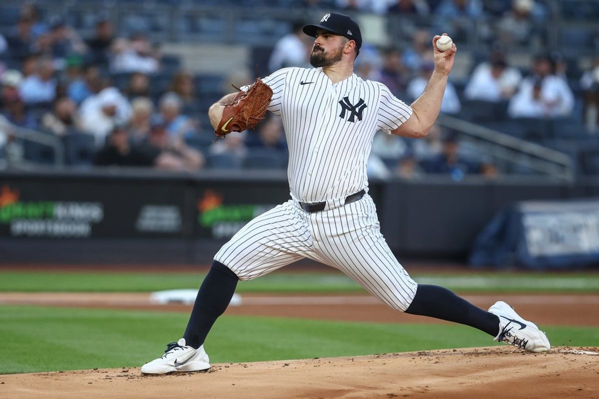 Jun 17, 2026; Bronx, New York, USA;  New York Yankees starting pitcher Carlos Rodon (55) pitches in the first inning against the Chicago White Sox at Yankee Stadium. Mandatory Credit: Wendell Cruz-Imagn Images