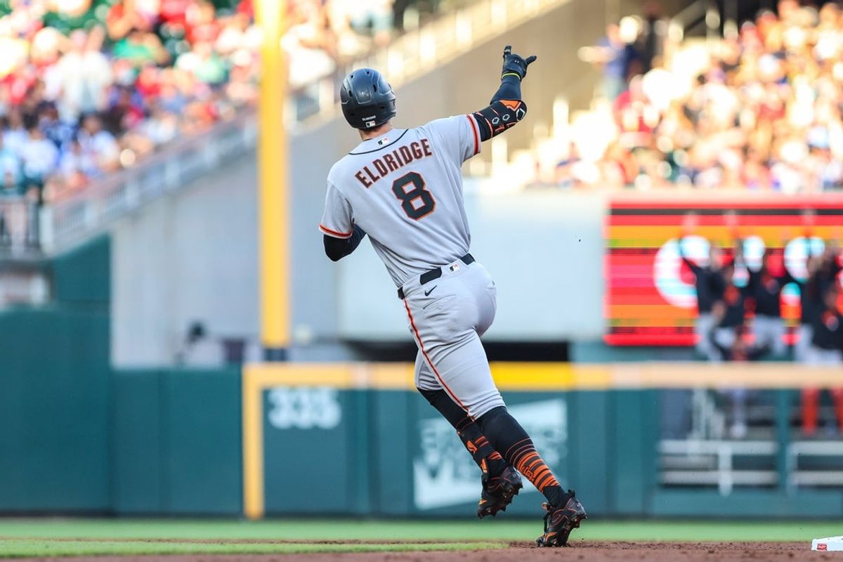 Jun 17, 2026; Cumberland, Georgia, USA; San Francisco Giants designated hitter Bryce Eldridge (8) celebrates a home run against the Atlanta Braves during the second inning at Truist Park. Mandatory Credit: Jordan Godfree-Imagn Images