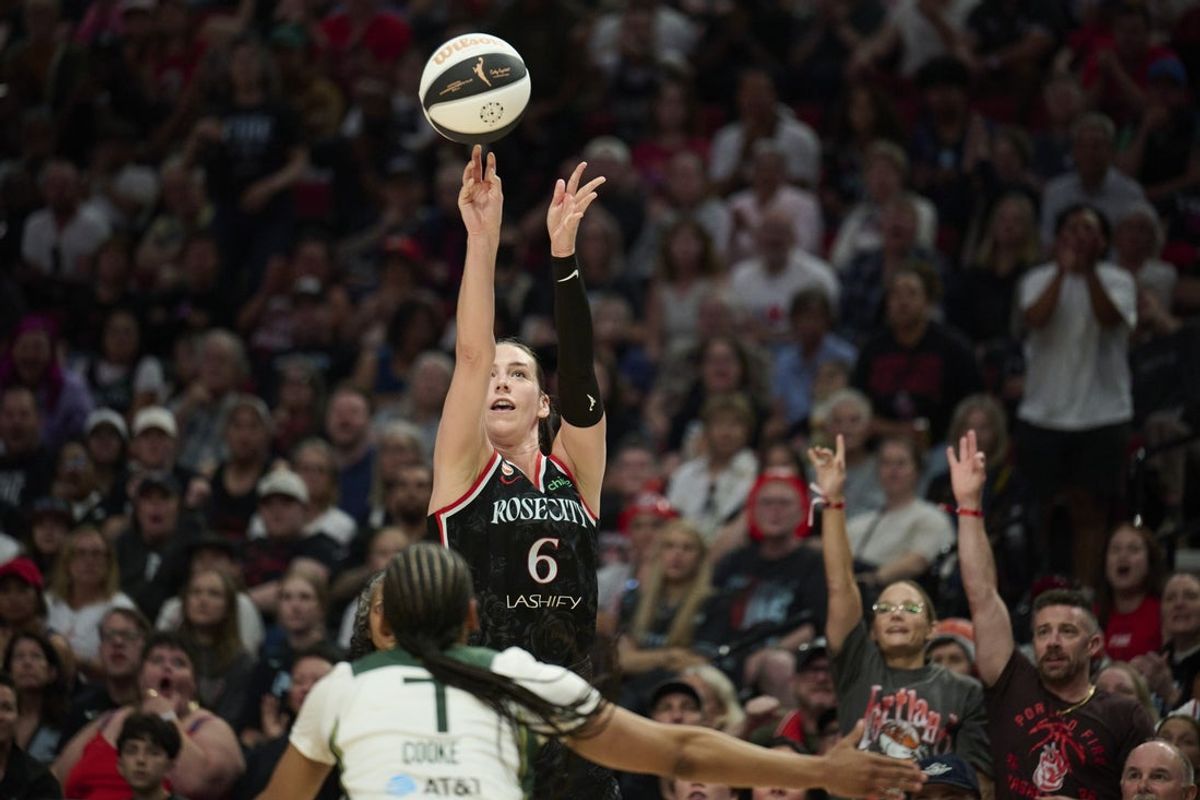Jun 17, 2026; Portland, Oregon, USA; Portland Fire forward Bridget Carleton (6) shoots a jump shot during the second half against Seattle Storm guard Zia Cooke (7) at Moda Center. Mandatory Credit: Troy Wayrynen-Imagn Images