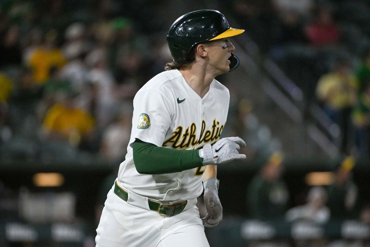 Jun 17, 2026; West Sacramento, California, USA; Athletics third baseman Zack Gelof (20) watches the ball after hitting a home run against the Pittsburgh Pirates during the ninth inning at Sutter Health Park. Mandatory Credit: Ed Szczepanski-Imagn Images