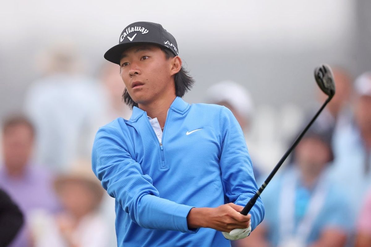 Jun 18, 2026; Southampton, New York, USA;  Ethan Fang prepares to tee off on first hole during the first round of the U.S. Open golf tournament. Mandatory Credit: Bill Streicher-Imagn Images