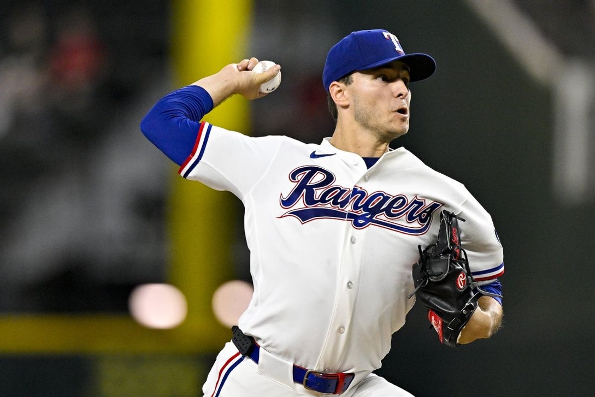 Jun 18, 2026; Arlington, Texas, USA; Texas Rangers starting pitcher Jack Leiter (22) pitches against the Minnesota Twins during the third inning at Globe Life Field. Mandatory Credit: Jerome Miron-Imagn Images