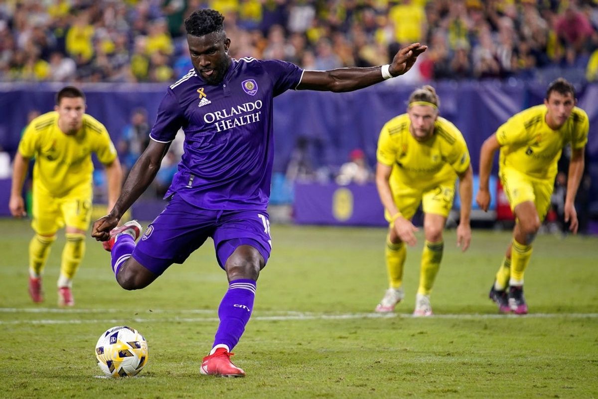 Orlando City forward Daryl Dike (18) scores on a penalty kick during the second half against Nashville SC at Nissan Stadium in Nashville, Tenn., Wednesday, Sept. 29, 2021. The game ended in a 2-2 draw.

Nsc Oc Soc 092921 An 001