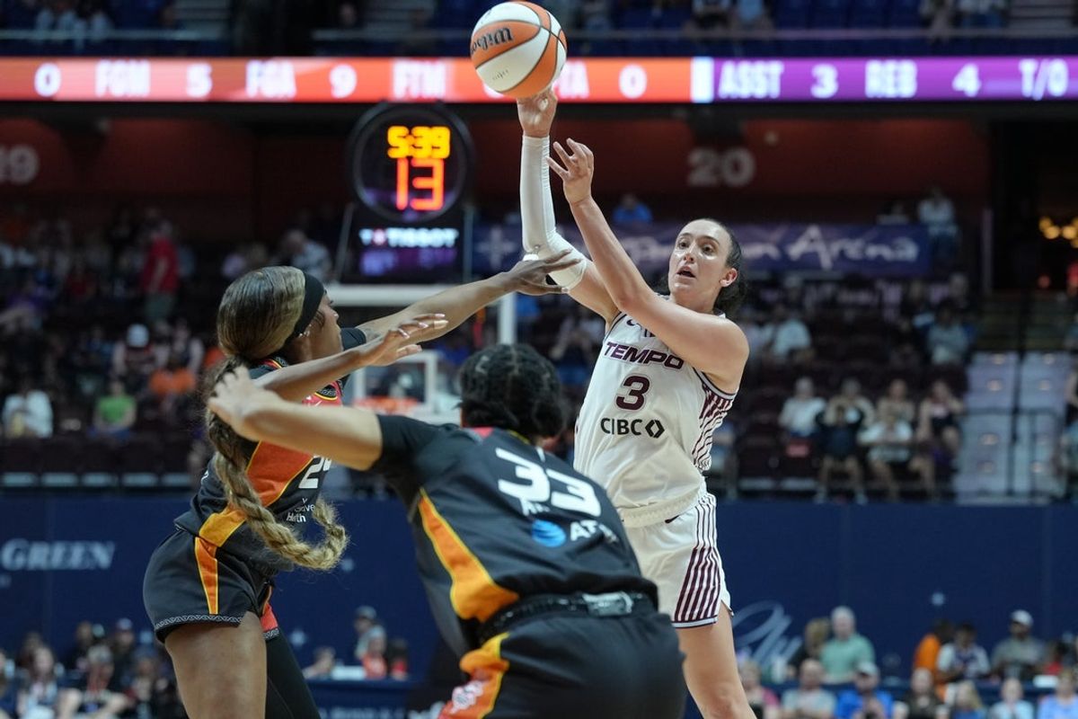 Jun 19, 2026; Uncasville, Connecticut, USA; Toronto Tempo guard Marina Mabrey (3) passes against the Connecticut Sun during the first half at Mohegan Sun Arena. Mandatory Credit: Gregory Fisher-Imagn Images