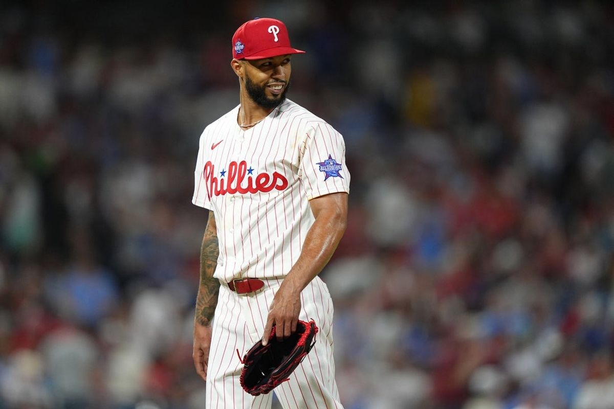 Jun 20, 2026; Philadelphia, Pennsylvania, USA; Philadelphia Phillies starting pitcher Cristopher Sanchez (61) reacts against the New York Mets in the fifth inning at Citizens Bank Park. Mandatory Credit: Kyle Ross-Imagn Images