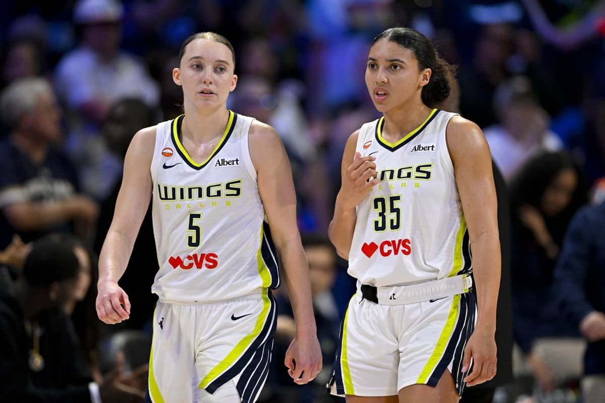 Jun 20, 2026; Arlington, Texas, USA; Dallas Wings guard Paige Bueckers (5) and guard Azzi Fudd (35) come back on the court during the second half at College Park Center. Mandatory Credit: Jerome Miron-Imagn Images