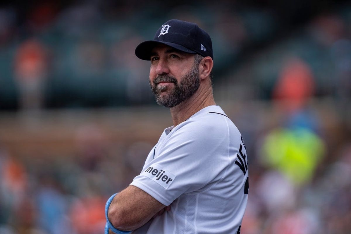 Detroit Tigers pitcher Justin Verlander watches from the dugout during a game against the Chicago White Sox at Comerica Park in Detroit on Sunday, June 21, 2026.