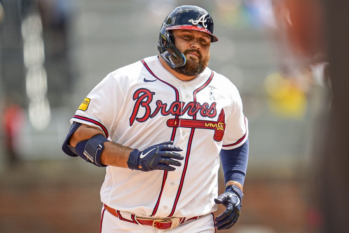 Jun 21, 2026; Cumberland, Georgia, USA; Atlanta Braves pinch hitter Rowdy Tellez (11) reacts after hitting a two run home run against the Milwaukee Brewers during the ninth inning at Truist Park. Mandatory Credit: Dale Zanine-Imagn Images
