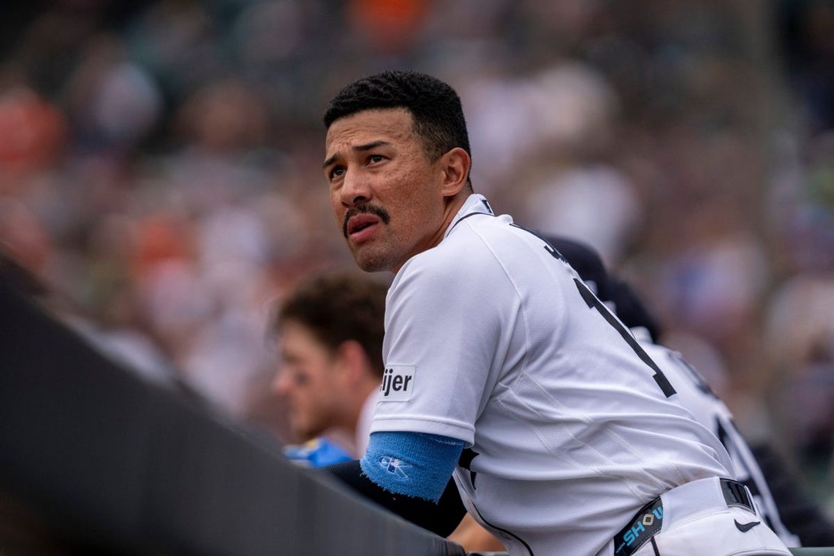Detroit Tigers Jahmai Jones (18) looks out at the scoreboard during his game against the Chicago White Sox at Comerica Park in Detroit on Sunday, June 21, 2026.