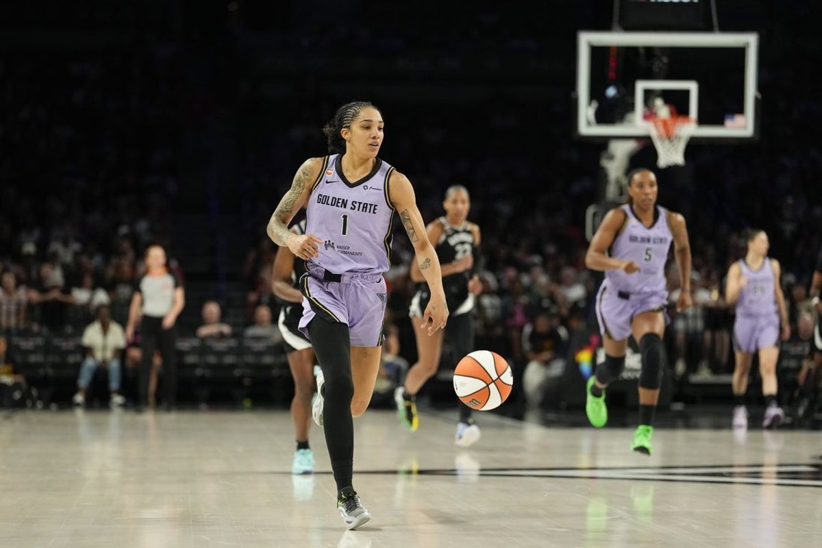 Jun 21, 2026; Las Vegas, Nevada, USA; Golden State Valkyries forward Gabby Williams (1) dribbles the ball against the Las Vegas Aces during the third quarter of a WNBA basketball game at Michelob Ultra Arena. Mandatory Credit: Lucas Peltier-Imagn Images