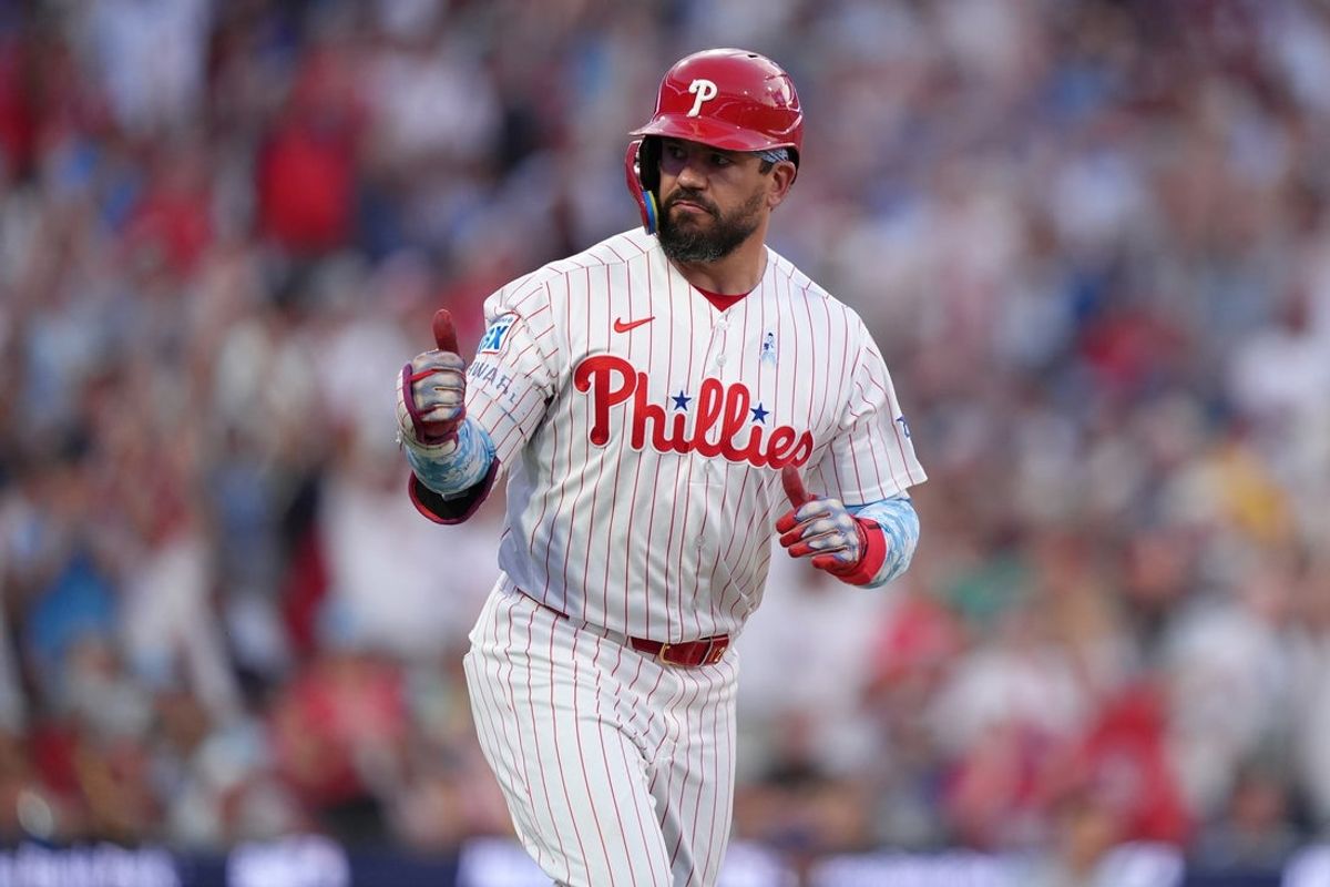 Jun 21, 2026; Philadelphia, Pennsylvania, USA; Philadelphia Phillies designated hitter Kyle Schwarber (12) reacts after hitting a three-run home run against the New York Mets in the second inning at Citizens Bank Park. Mandatory Credit: Kyle Ross-Imagn Images