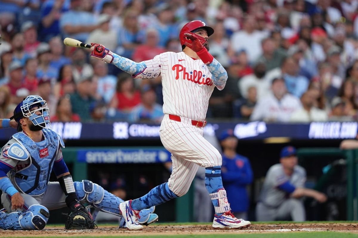 Jun 21, 2026; Philadelphia, Pennsylvania, USA; Philadelphia Phillies designated hitter Kyle Schwarber (12) hits a three-run home run against the New York Mets in the second inning at Citizens Bank Park. Mandatory Credit: Kyle Ross-Imagn Images