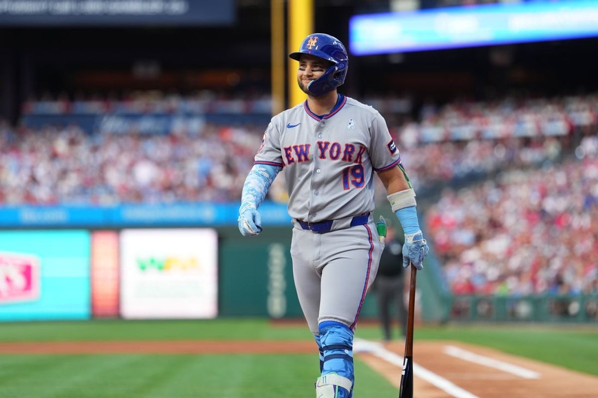 Jun 21, 2026; Philadelphia, Pennsylvania, USA; New York Mets infielder Bo Bichette (19) reacts after striking out against the Philadelphia Phillies in the first inning at Citizens Bank Park. Mandatory Credit: Kyle Ross-Imagn Images