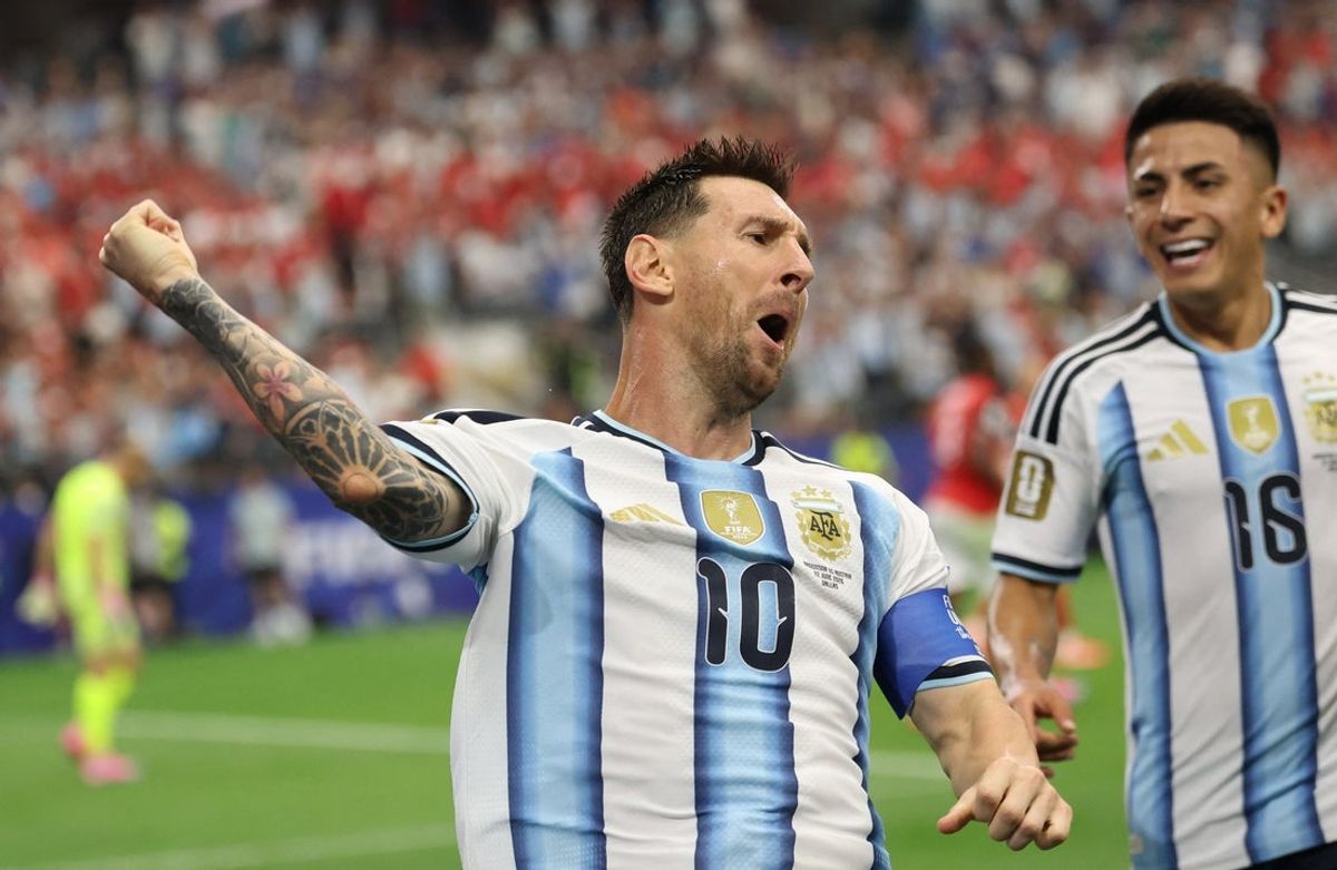 June 22, 2026; Arlington, Texas, U.S.; Argentina's Lionel Messi celebrates scoring their first goal.  Mandatory Credit: Troy Taormina-Imagn Images