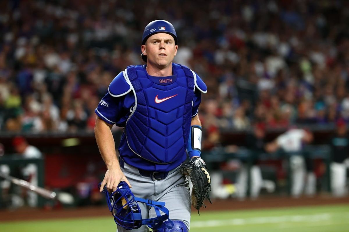 Jun 1, 2026; Phoenix, Arizona, USA; Los Angeles Dodgers catcher Will Smith against the Arizona Diamondbacks at Chase Field. Mandatory Credit: Mark J. Rebilas-Imagn Images