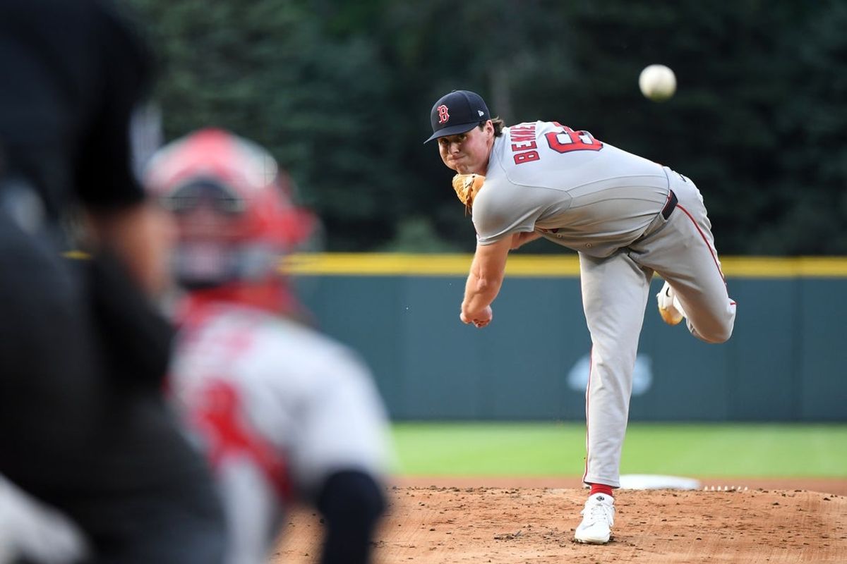 Jun 22, 2026; Denver, Colorado, USA; Boston Red Sox pitcher Jake Bennett (64) pitches in the first inning against the Colorado Rockies at Coors Field. Mandatory Credit: Christopher Hanewinckel-Imagn Images