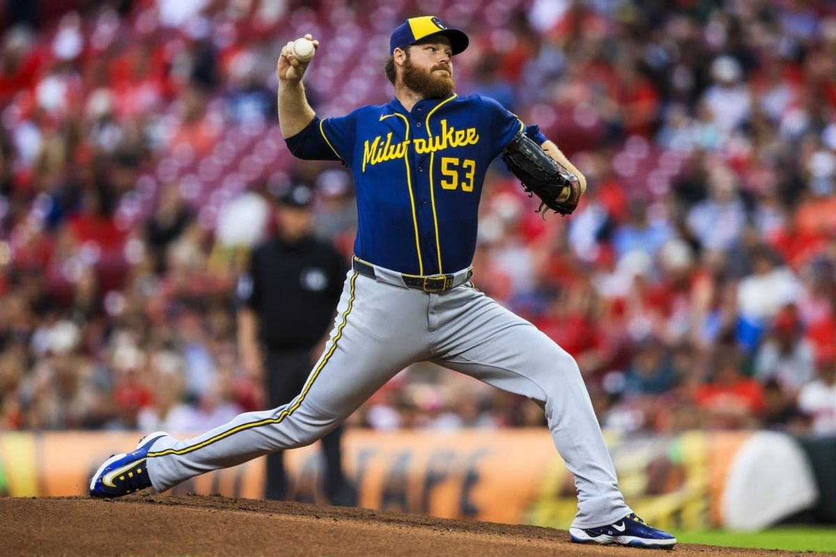 Jun 22, 2026; Cincinnati, Ohio, USA; Milwaukee Brewers starting pitcher Brandon Woodruff (53) pitches against the Cincinnati Reds in the first inning at Great American Ball Park. Mandatory Credit: Katie Stratman-Imagn Images