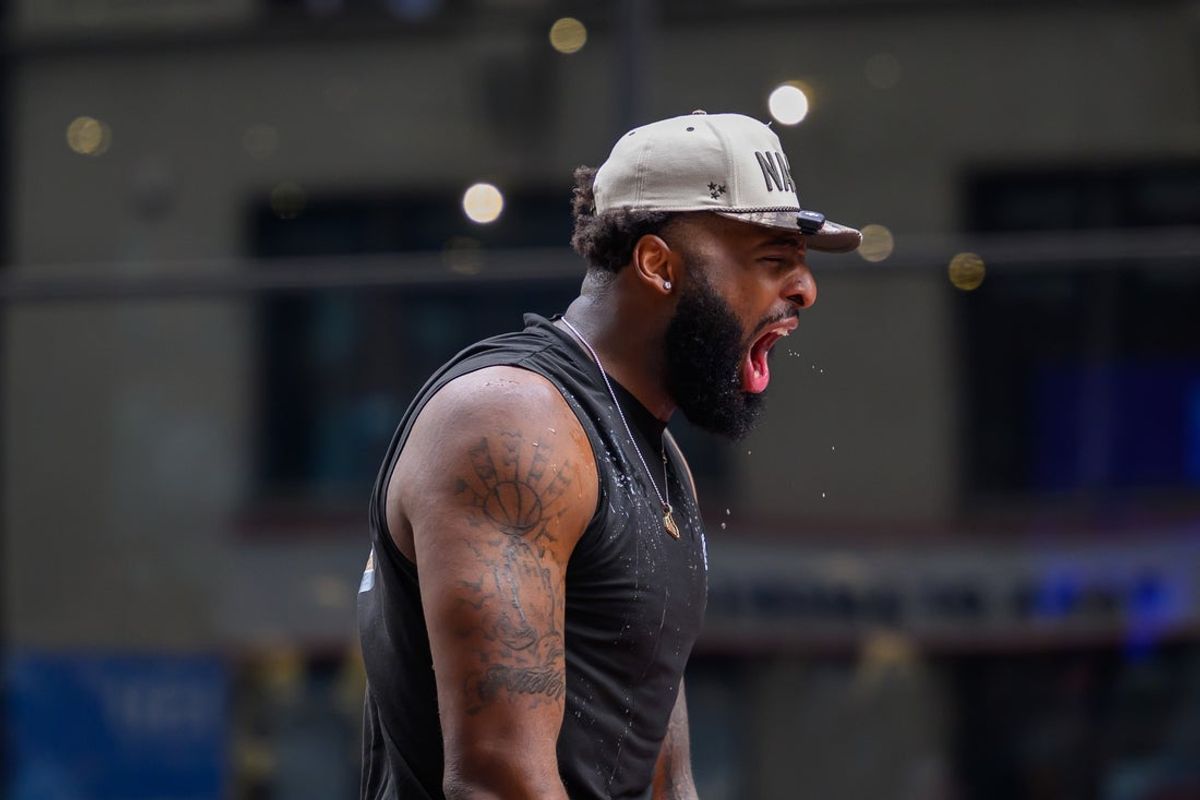 Jun 18, 2026; New York, NY, USA; New York Knicks center Mitchell Robinson screams during the New York Knicks Championship Parade through the Canyon of Heroes. Mandatory Credit: Brenden Willsch-Imagn Images