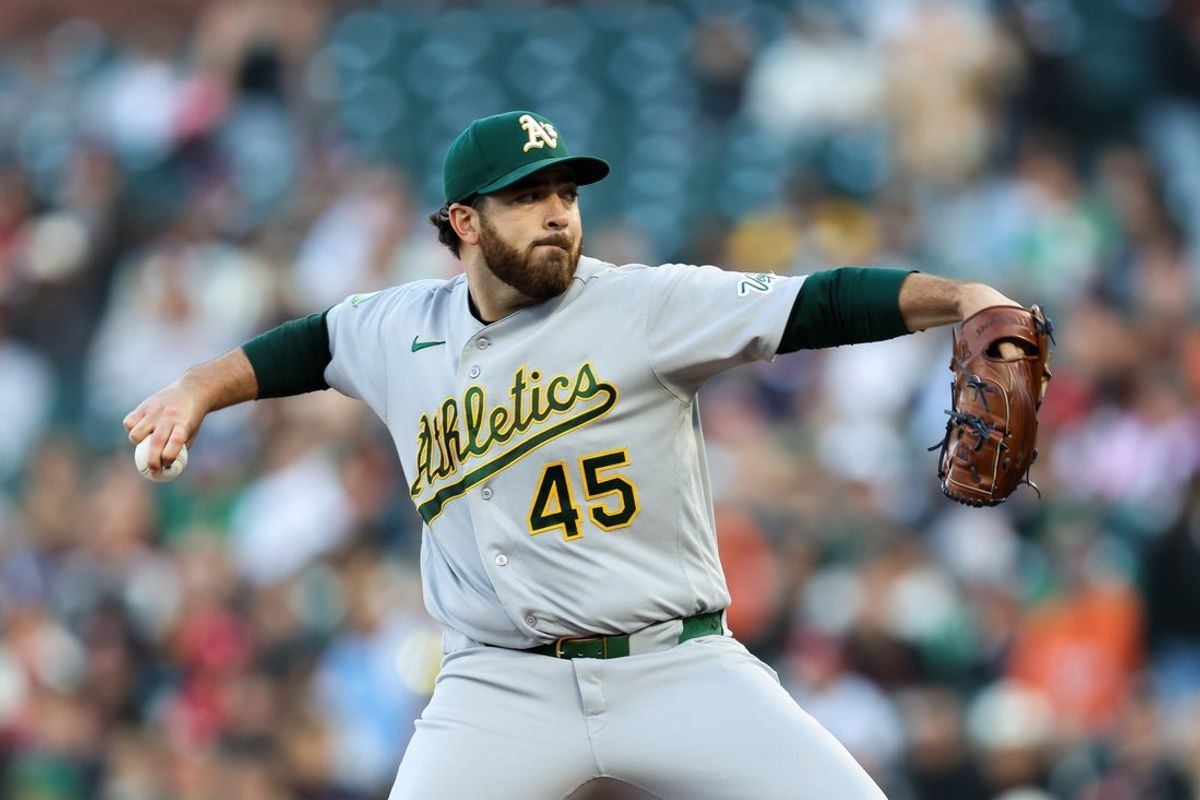 Jun 23, 2026; San Francisco, California, USA; Athletics pitcher Aaron Civale (45) throws during the first inning against the San Francisco Giants at Oracle Park. Mandatory Credit: Sergio Estrada-Imagn Images