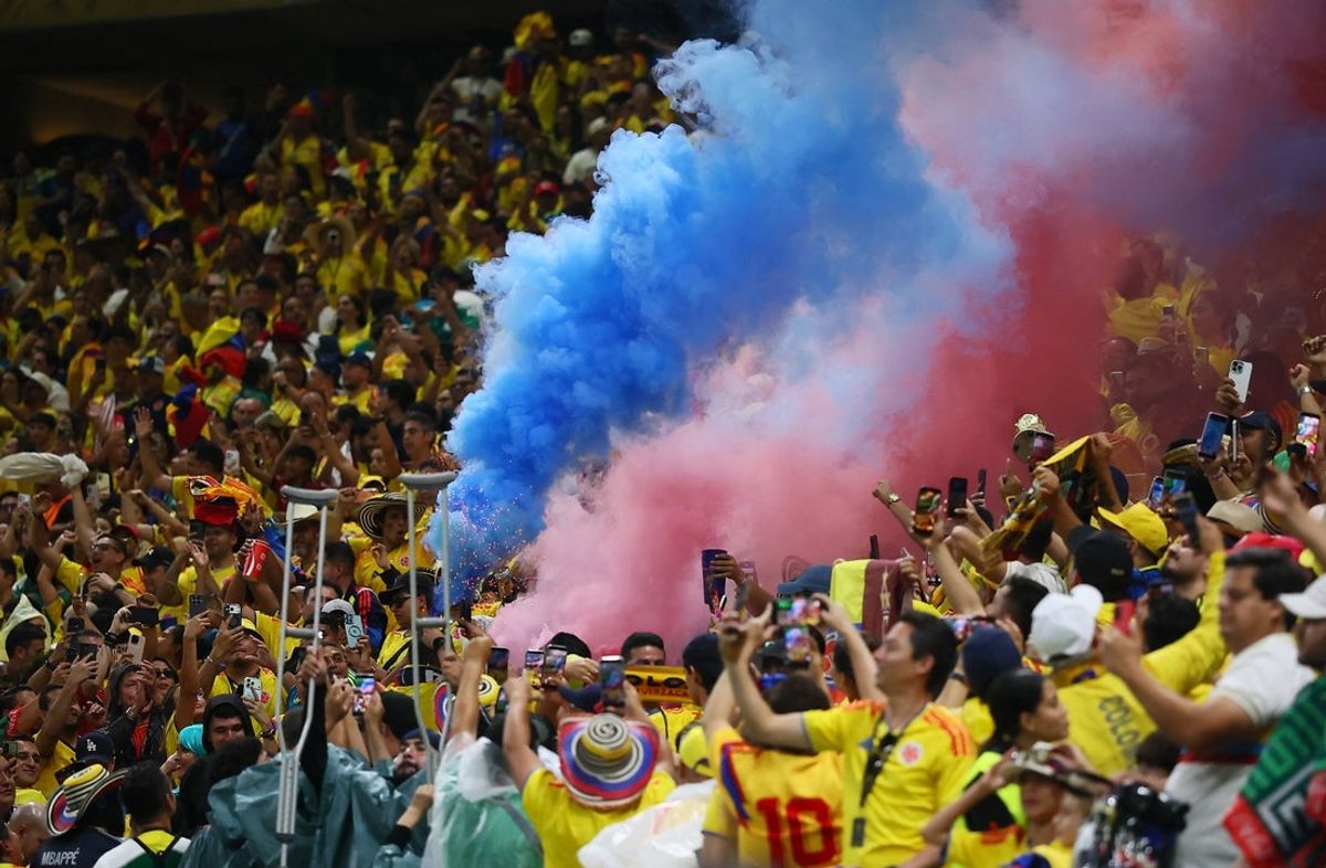June 23, 2026; Guadalajara, Mexico; Colombia fans celebrate with flares in the stands after the match.  Mandatory Credit: Eloisa Sanchez-Reuters via Imagn Images