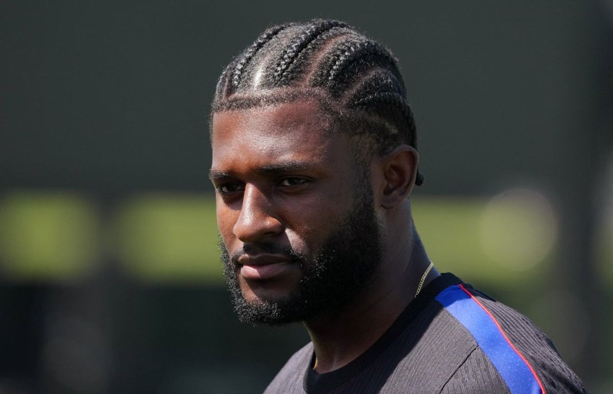 June 24, 2026; Irvine, California, U.S.; Mark McKenzie of the U.S. speaks with the media ahead of training.  Mandatory Credit: Kirby Lee-Imagn Images