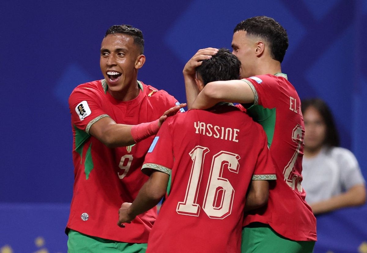 June 24, 2026; Atlanta, Georgia, U.S.; Morocco's Gessime Yassine celebrates scoring their fourth goal with Soufiane Rahimi and Bilal El Khannouss.  Mandatory Credit: Brett Davis-Imagn Images
