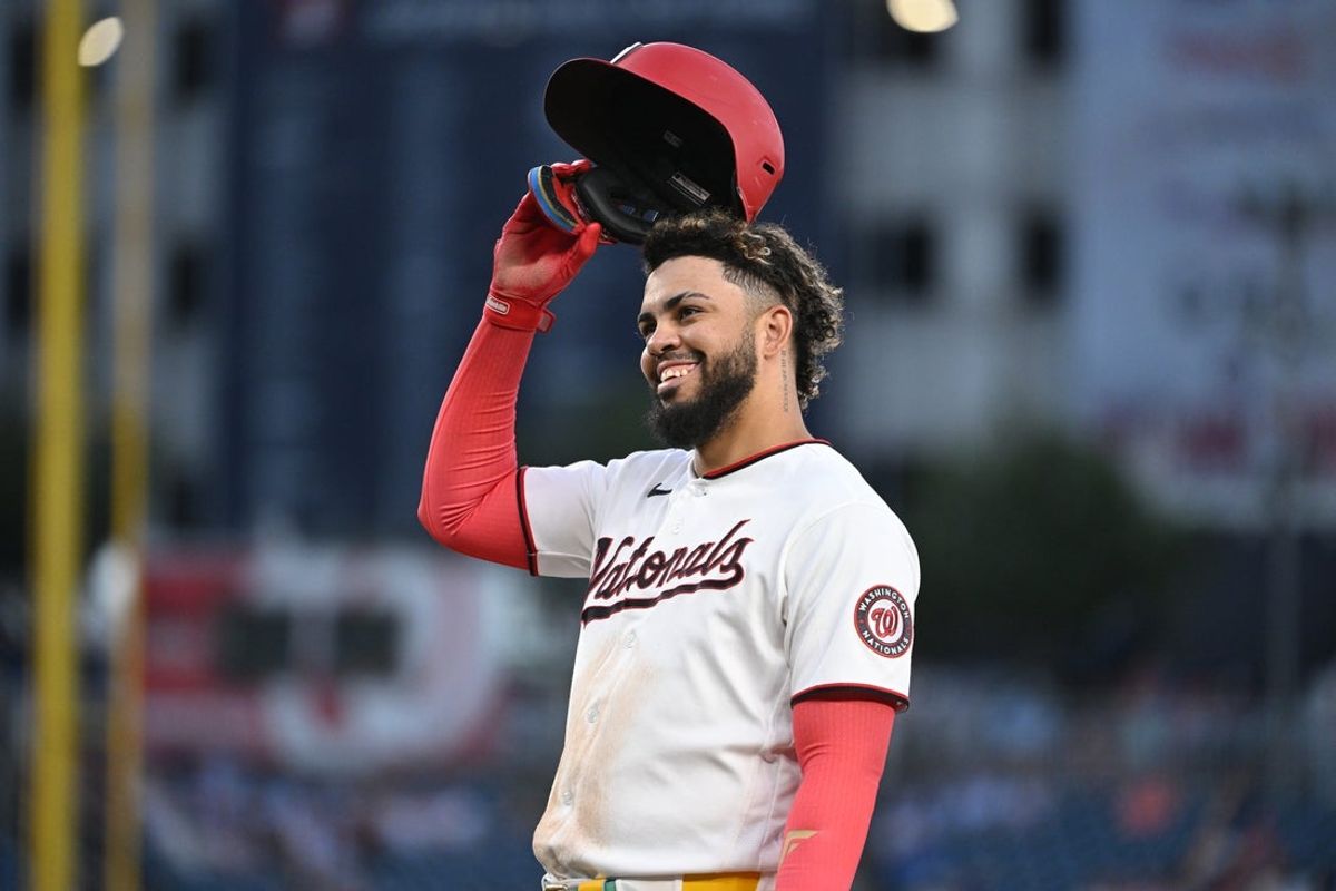 Jun 24, 2026; Washington, District of Columbia, USA; Washington Nationals first baseman Luis Garcia Jr. (2) reacts after hitting a single against the Philadelphia Phillies during the fifth inning at Nationals Park. Mandatory Credit: Rafael Suanes-Imagn Images
