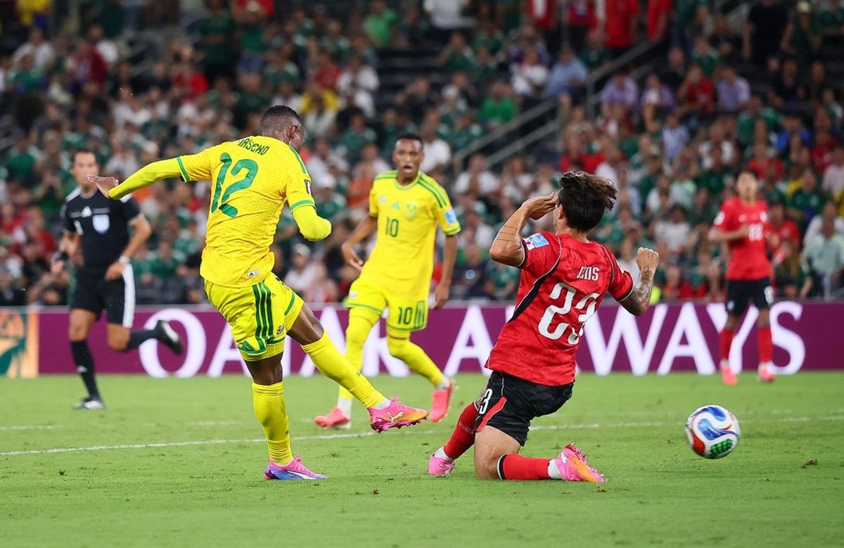 June 24, 2026; Monterrey, Mexico; South Africa's Thapelo Maseko scores their first goal.  Mandatory Credit: Eloisa Sanchez-Reuters via Imagn Images