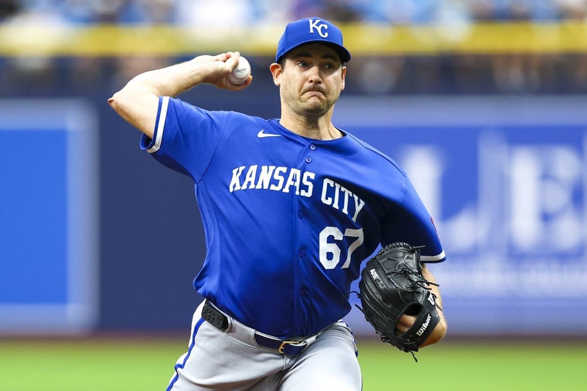 Jun 25, 2026; St. Petersburg, Florida, USA; Kansas City Royals starting pitcher Seth Lugo (67) throws a pitch against the Tampa Bay Rays in the first inning at Tropicana Field. Mandatory Credit: Nathan Ray Seebeck-Imagn Images