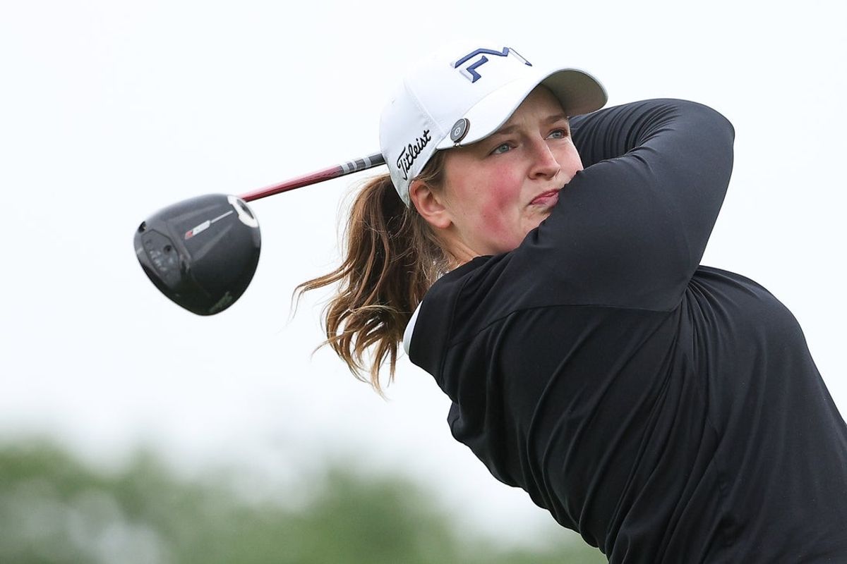Jun 25, 2026; Chaska, Minnesota, USA; Lottie Woad hits her tee shot on the third hole during the first round of the KPMG Women's PGA Championship golf tournament. Mandatory Credit: Matt Krohn-Imagn Images