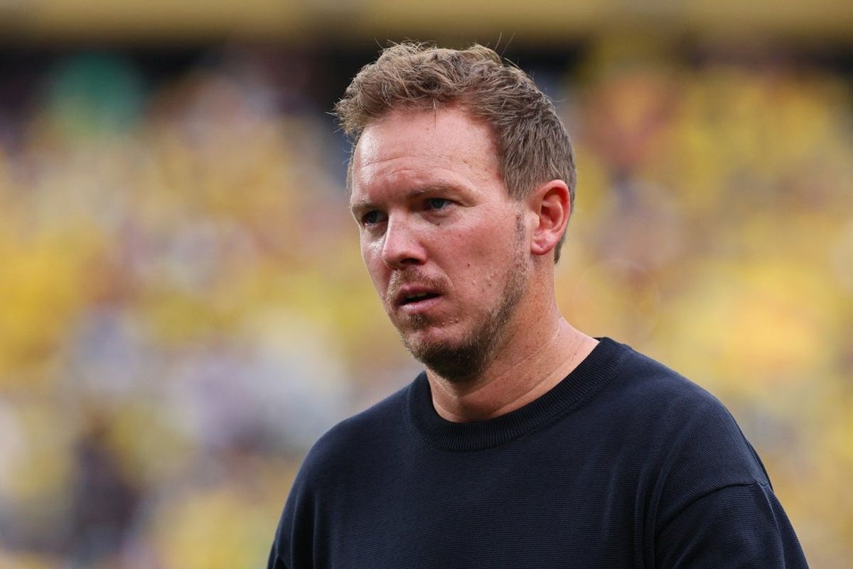 25 de junho de 2026; East Rutherford, Nova Jersey, EUA; O técnico da Alemanha, Julian Nagelsmann, reage após a partida. Crédito obrigatório: Vincent Carchietta-Imagn Images