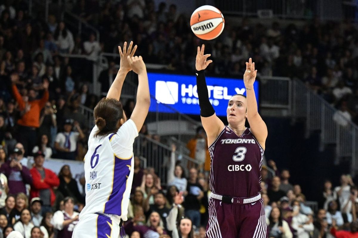 Jun 25, 2026; Toronto, Ontario, CAN; Toronto Tempo guard Marina Mabrey (3) shoots the ball as Los Angeles Sparks forward Jihyun Park (6) defends in the second half at Coca-Cola Coliseum. Mandatory Credit: Dan Hamilton-Imagn Images