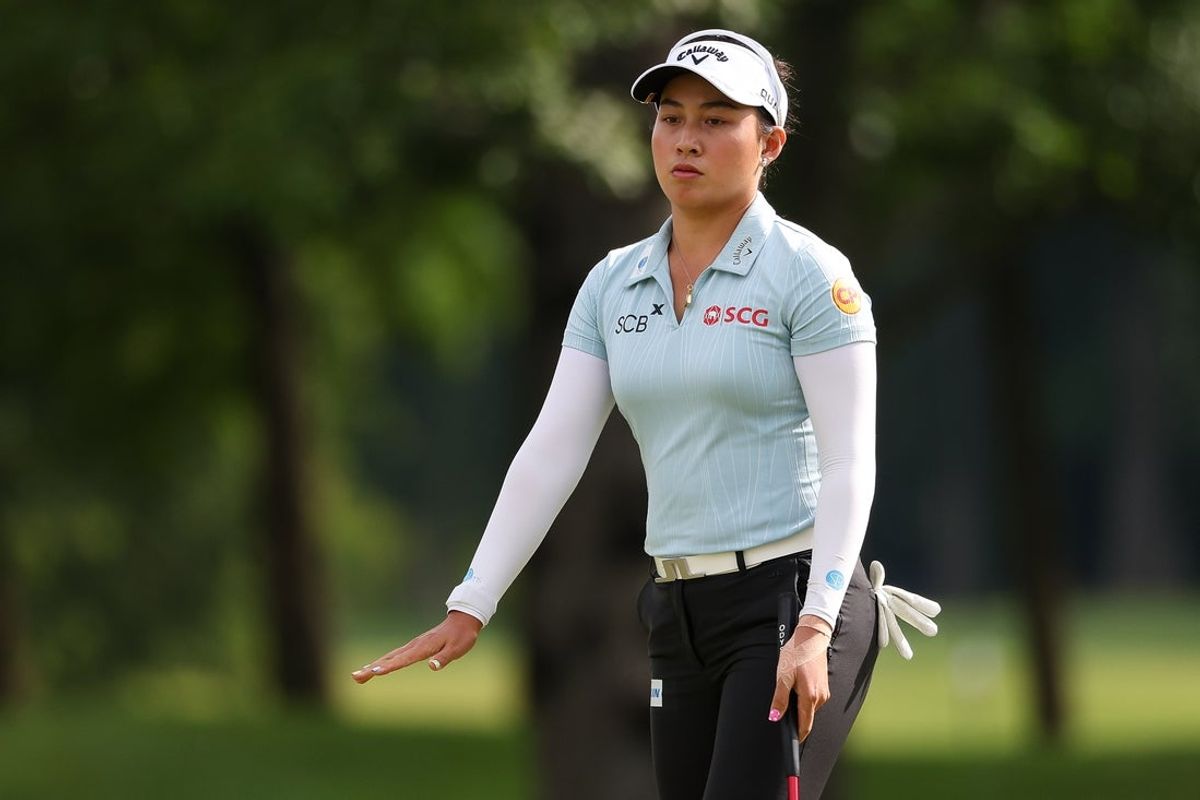 Jun 26, 2026; Chaska, Minnesota, USA; Jeeno Thitikul reacts to her putt on the third hole during the second round of the KPMG Women's PGA Championship golf tournament. Mandatory Credit: Matt Krohn-Imagn Images