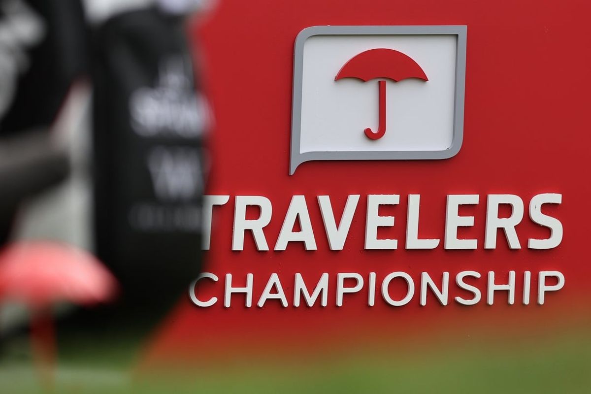 Jun 26, 2026; Cromwell, Connecticut, USA; Travelers Championship logo at the 1st hole during the second round of the Travelers Championship golf tournament. Mandatory Credit: John Dufour-Imagn Images