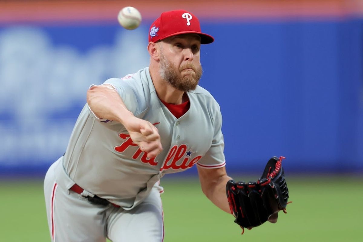 Jun 26, 2026; New York City, New York, USA; Philadelphia Phillies starting pitcher Zack Wheeler (45) pitches against the New York Mets during the third inning at Citi Field. Mandatory Credit: Brad Penner-Imagn Images