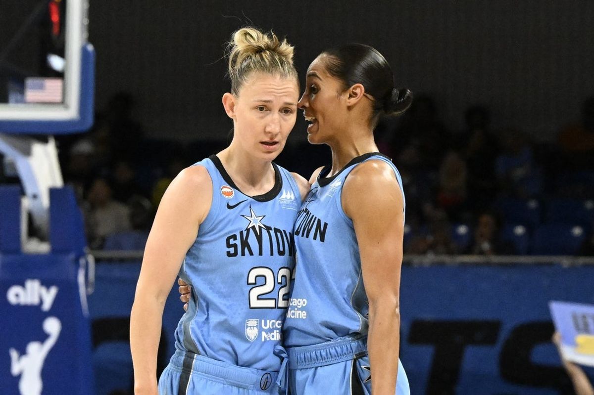 Jun 26, 2026; Chicago, Illinois, USA; Chicago Sky guard Courtney Vandersloot (22) talks with guard Skylar Diggins (4) during the first half against the Portland Fire at Wintrust Arena. Mandatory Credit: Matt Marton-Imagn Images