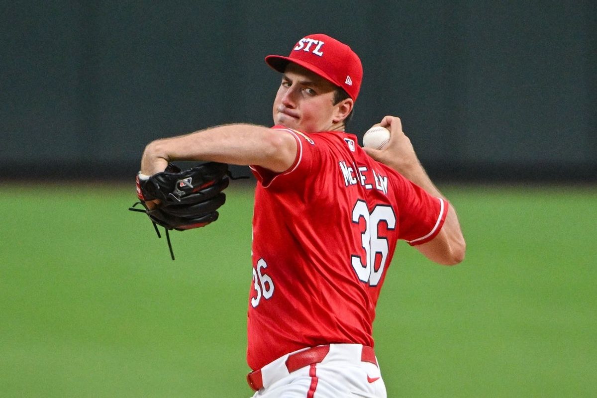 Jun 26, 2026; St. Louis, Missouri, USA; St. Louis Cardinals starting pitcher Michael McGreevy (36) pitches against the Miami Marlins during the third inning at Busch Stadium. Mandatory Credit: Jeff Curry-Imagn Images
