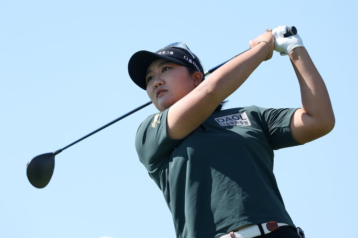 Jun 27, 2026; Chaska, Minnesota, USA; Haeran Ryu hits her tee shot on the second hole during the third round of the KPMG Women's PGA Championship golf tournament. Mandatory Credit: Matt Krohn-Imagn Images