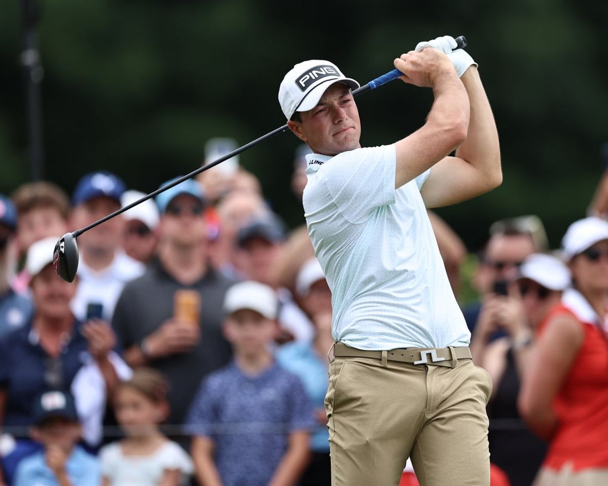 Jun 27, 2026; Cromwell, Connecticut, USA; Viktor Hovland tee shot from the 1st hole during the third round of the Travelers Championship golf tournament. Mandatory Credit: John Dufour-Imagn Images