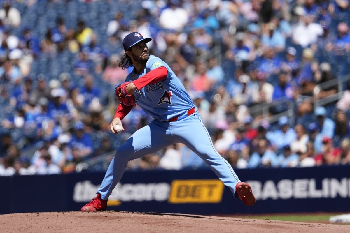 Jun 27, 2026; Toronto, Ontario, CAN;  Toronto Blue Jays pitcher Dylan Cease (84) pitches to the Texas Rangers during the first inning at Rogers Centre. Mandatory Credit: Kevin Sousa-Imagn Images