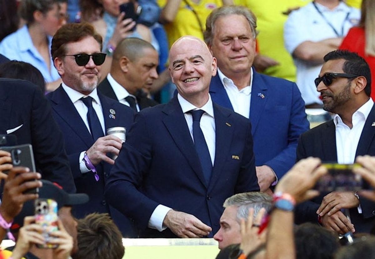June 27, 2026; Miami Gardens, Florida, U.S.; FIFA President Gianni Infantino and FBI Director Kash Patel in the stands before the match.  Mandatory Credit: Nathan Ray Seebeck-Imagn Images