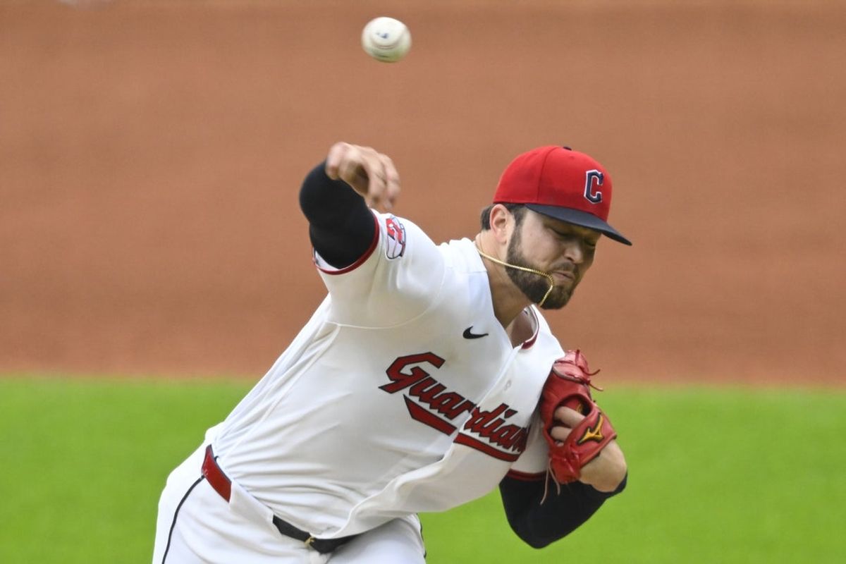 Jun 27, 2026; Cleveland, Ohio, USA; Cleveland Guardians starting pitcher Slade Cecconi (44) delivers a pitch in the first inning against the Seattle Mariners at Progressive Field. Mandatory Credit: David Richard-Imagn Images
